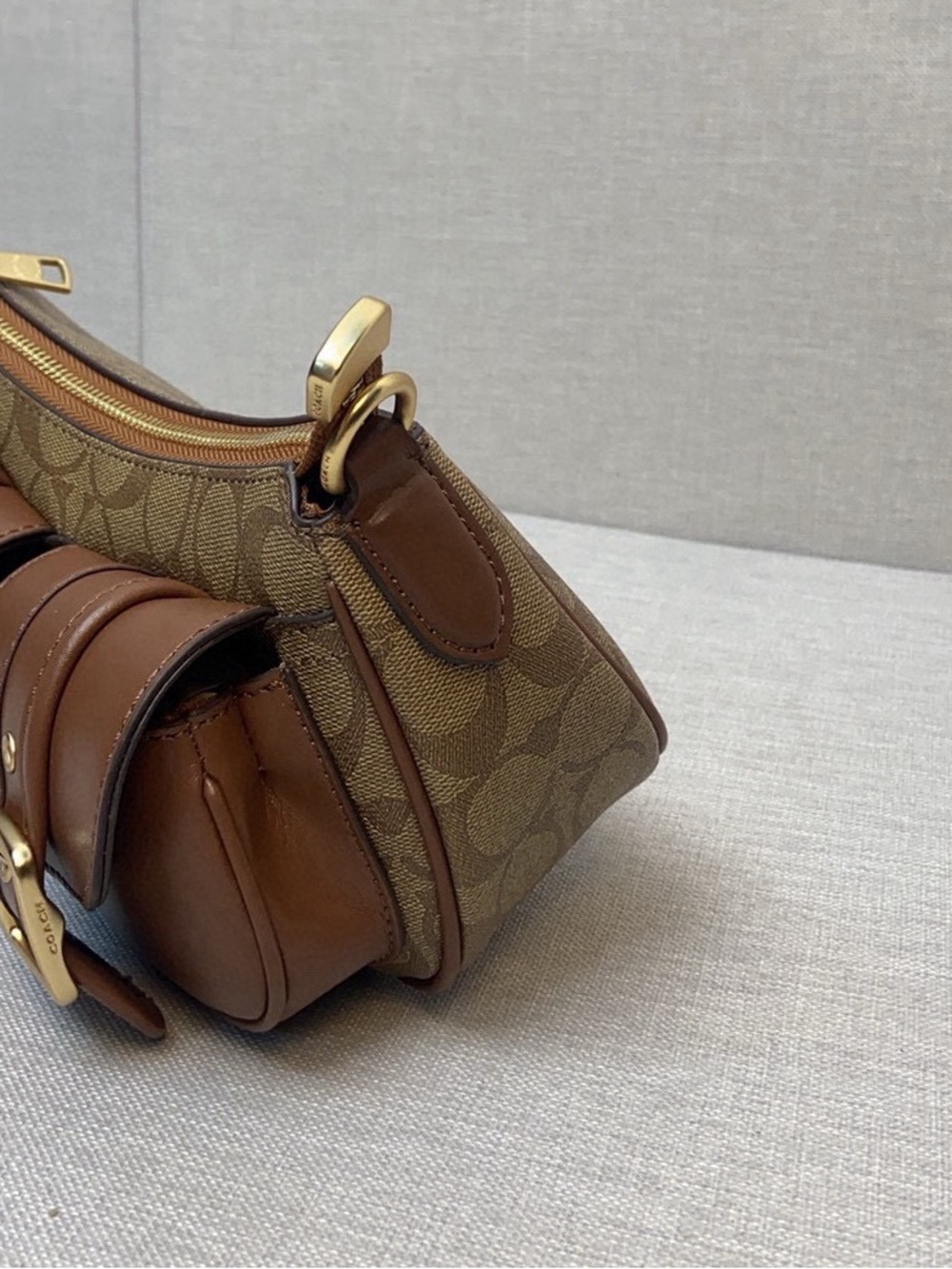 Coach Brown Canvas & Leather Shoulder Bag with Front Buckle Pockets - Picture 6 of 9